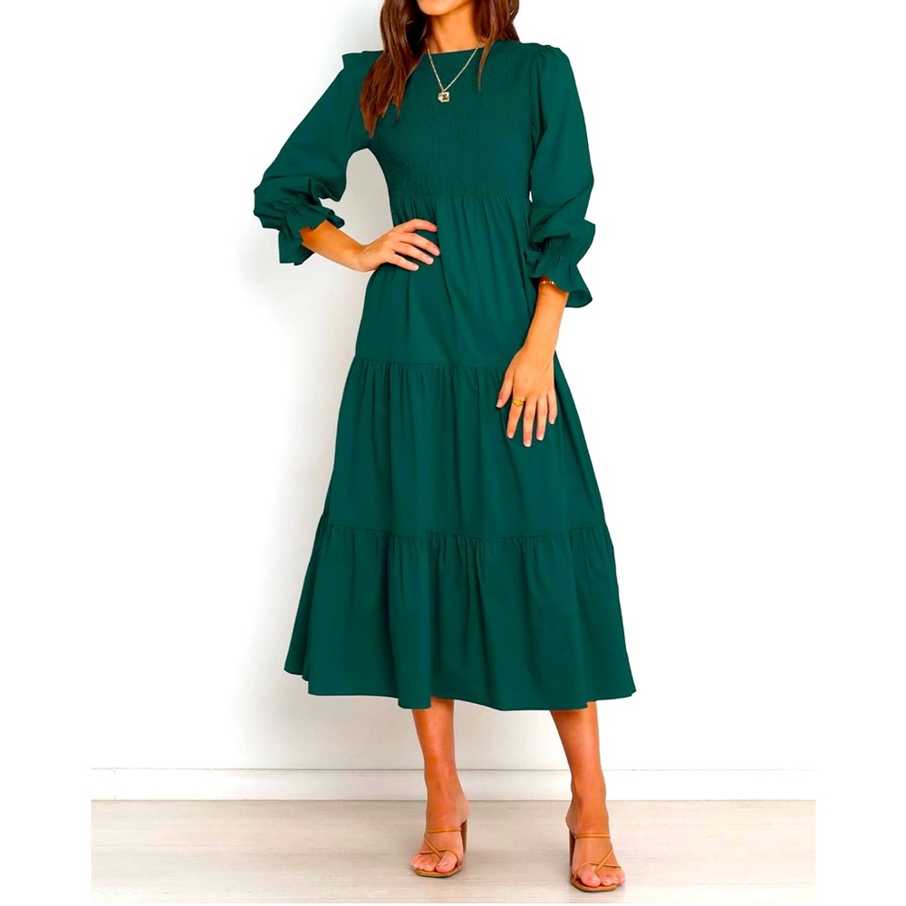 Classy Smocked Dress in Dark Green